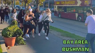 Bushman Prank: Tourists terrified walking the streets in San Francisco CA!