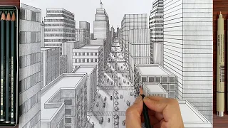 Drawing A City in One Point Perspective | Timelapse