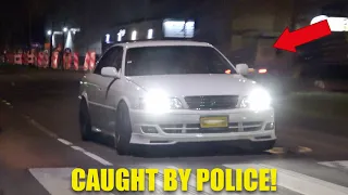 Tuner Cars Leaving Night Meet - Toyota Chaser Powerslide IN FRONT OF POLICE!