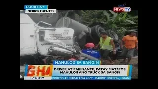 Driver at pahinante, patay matapos mahulog ang truck sa bangin