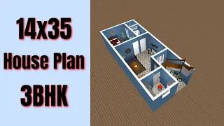 14x35 Small House Design 3D || 3 BedRoom House Plan || 50 Gaj House Design || Small House Design 3D