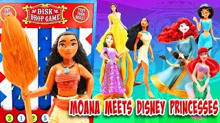 Moana Disney Princesses Disk Drop Game! With Ariel, Belle, Jasmine, Merida, Pocahontas & Rapunzel