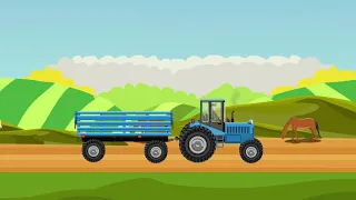 Tractor, farm, wheat harvesting, picking up Straw Bales animation for kids