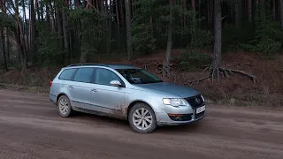 Autumn trip to the forest in a Volkswagen Passat