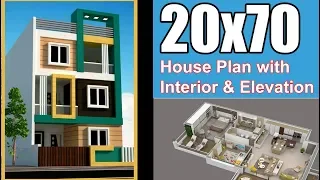 20x70 House plan with Interior & Elevation