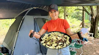 ACAMPAMENTO ARROZ CARRETEIRO NA BEIRA DO RIO NO FOGÃO A LENHA