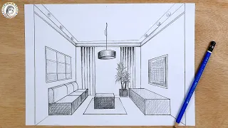 How to drawing in 1-point perspective | Interior Design |كيف أرسم بالمنظور| تصميم داخلي حجرة الجلوس