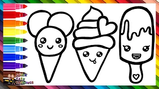 Draw and Color 3 Cute Ice Creams 🍧🍨🍦❄️🌈 Drawings for Kids