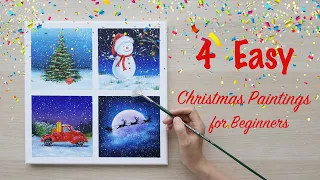 4 Easy Christmas Paintings / Christmas tree / Snowman / Santa wagon / Christmas truck