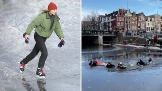Amsterdam skaters fall through ice into frozen canal before being rescued
