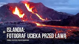 Wulkan na Islandii. Fotograf ucieka przed lawą płynącą w jego kierunku