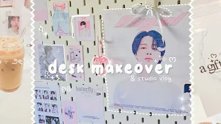 desk makeover 🤍 korean/pinterest inspired, aesthetic setup, 🍰 food/snack goodies, studio vlog ♡