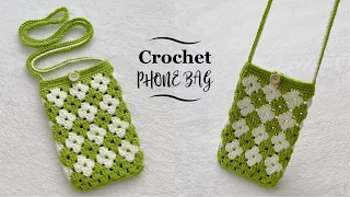 Crochet phone bag | Mẫu 2 | Móc túi đựng điện thoại hoạ tiết ô vuông