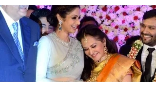 Jaya Prada shares a warm hug with Sridevi at the wedding reception of her son