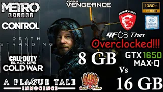 OVERCLOCKED! MSI GF63 Thin 9SC | 8GB Vs 16 GB Ram Tested In 5 Games|  GTX 1650 Max Q | Core i5 9300H