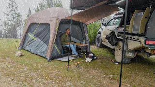 Rain Camping In Air Tent With Dog