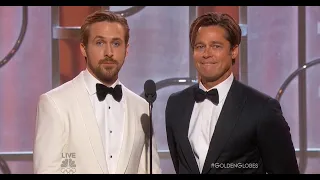Ryan Gosling and Brad Pitt present at the 2016 golden globes subtitulado español