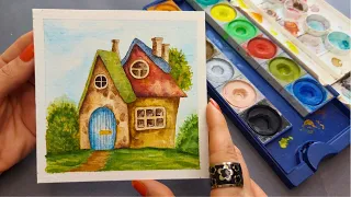 Step-by-step tutorial on painting a house with watercolors/drawing a hut with watercolors