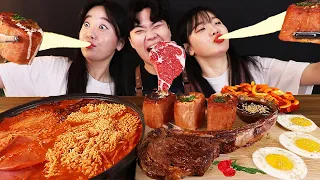 ASMR MUKBANG 버섯 열라면 & 떡볶이 & 치즈 통스팸 & 스테이크 FIRE Noodle & STEAK & CHEESE SPAM EATING SOUND!