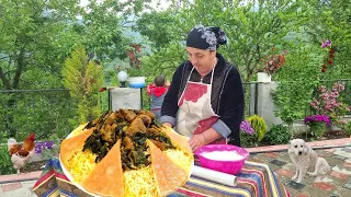 GRANDMOTHER COOKED GREEN RICE IN THE VILLAGE