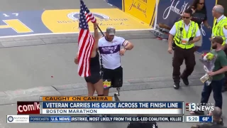 Veteran with prosthetic leg carries woman and flag across finish line