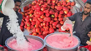 Roadside Original Strawberry Milkshake 🍓 Crushed Ice Strawberry Juice Making | Street Food Karachi