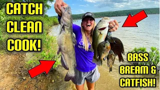 SURPRISE CATCH while CATFISHING!  {CATCH, CLEAN, COOK} BASS, BLUEGILL and CATFISH!!!