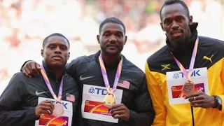 London 2017 Men's 100m Medal Ceremony - Justin Gatlin, Chris Coleman, Usain Bolt