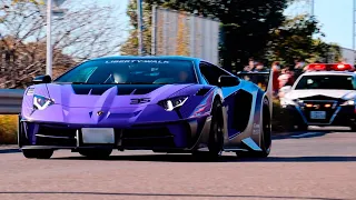 【警察出動】加速サウンド!!100台のスーパーカーがPAから出発!!(1080p/60fps)Supercars Sound/ランボルギーニ/フェラーリ/ポルシェ/LB WORKS/DiabloGTR