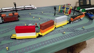 Lego train well cars with intermodal shipping containers