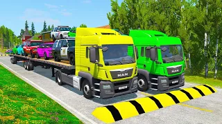 Double Flatbed Trailer Truck vs speed bumps|Busses vs speed bumps|Beamng Drive| #5