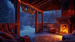 Cozy Winter Porch Ambience | Fireplace Crackling & Soft Piano Jazz Music