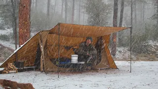 Solo Hot Tent Winter Camping in Snow Storm, ASMR