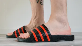 Adidas Adilette on Feet Review (Black Red)