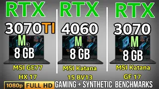 RTX 4060 LAPTOP VS RTX 3070TI VS RTX 3070 MSI KATANA VS MSI Raider GH77 HX VS MSI GF 76 Gaming test
