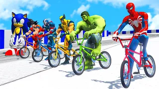 SPIDERMAN & Hulk w/ ALL SUPERHEROES Racing Cycling Event Day Competition Challenge - GTA 5