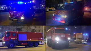 11x Ukrainian fire tricks arriving with sirens & on scene of high-rise 3th fire alarm