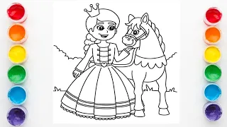 Coloring Page for Kids. Princess and Horse Drawing, Painting and Coloring for Toddlers. Fun Art