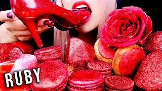 ASMR RUBY EDIBLE SHOES, JEWEL CANDY, ROSE, MACARONS, DONUTS | EATING SOUNDS