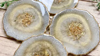 Gorgeous Effect in Grey & Gold Geode Resin Coasters
