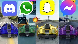 WhatsApp Vs Discord Vs Snapchat Vs Messanger (stunts meme) Part 1 - Extreme Car Driving Simulator