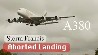 Airbus A380 aborted landing Storm Francis Heathrow airport 4K video