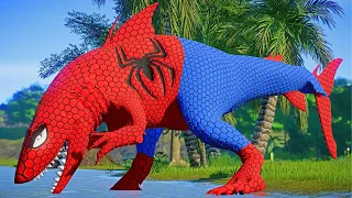 Spiderman Hunts Parasaurolophus with Indoraptor, Spiderman vs. King Shark, Ironman Battles I-REX
