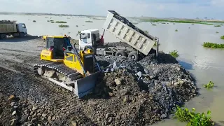 Excellent Project Building Road on Lake by SHANTUI Dozer Push Stone and Truck Spreading Rock