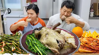 Korean Home Meal | Boiled Duck with Rice (Ori Baeksuk) Korean-leek fresh kimchi MUKBANG EATING SHOW
