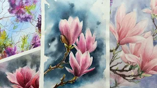 Магнолия акварелью -  Открытка на 8 марта акварелью. Watercolor painting tutorial