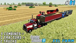 5 JOHN DEERE + 2 Case IH QUADTRAC + 2 Peterbilt trucks wheat harvesting | XXL Farms | FS 22 | ep #01