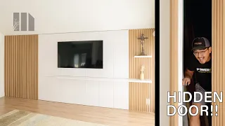 How To Build Slat Feature Wall With Hidden Door! // Living Room Remodel // Woodworking