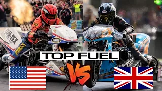 HISTORIC TOP FUEL NITRO MOTORCYCLE DRAG BIKE EVENT! MUST SEE USA VS ENGLAND DRAG RACING BATTLE!