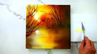 Sunset on the Lake | Easy Landscape Painting | oval brush technique